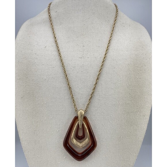 Vintage Avon Gold Tone Faux Tortoise Shell Acrylic Pendant Necklace Statement - Picture 2 of 8